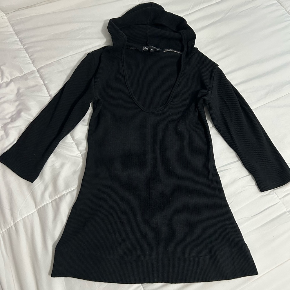 Vintage Y2K Simply Irresistible Hooded Deep Scoop Neck Black Long Sleeve Top